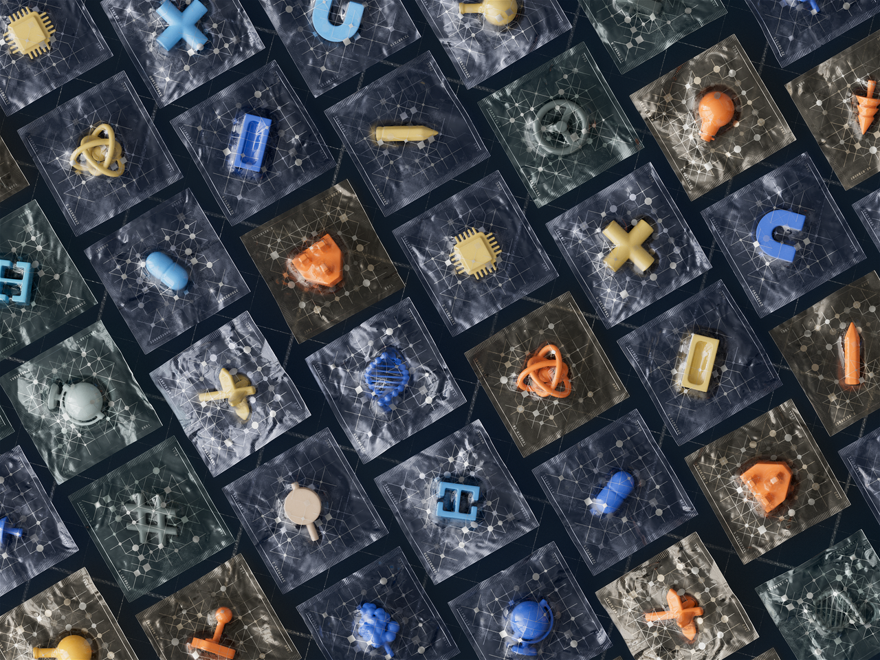 contact-img Abstract arrangement of 3D technology icons on a grid showcasing AI and digital concepts.